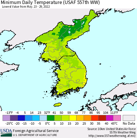 Korea Minimum Daily Temperature (USAF 557th WW) Thematic Map For 5/23/2022 - 5/29/2022