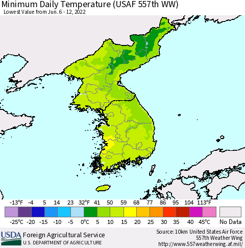 Korea Minimum Daily Temperature (USAF 557th WW) Thematic Map For 6/6/2022 - 6/12/2022