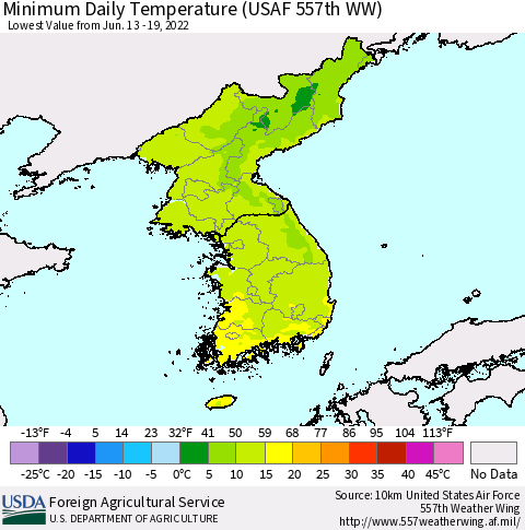 Korea Minimum Daily Temperature (USAF 557th WW) Thematic Map For 6/13/2022 - 6/19/2022