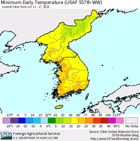 Korea Minimum Daily Temperature (USAF 557th WW) Thematic Map For 7/11/2022 - 7/17/2022