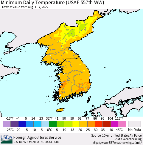 Korea Minimum Daily Temperature (USAF 557th WW) Thematic Map For 8/1/2022 - 8/7/2022