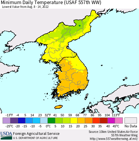 Korea Minimum Daily Temperature (USAF 557th WW) Thematic Map For 8/8/2022 - 8/14/2022