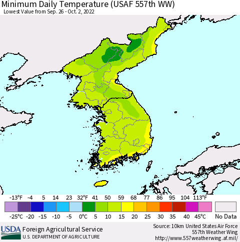 Korea Minimum Daily Temperature (USAF 557th WW) Thematic Map For 9/26/2022 - 10/2/2022