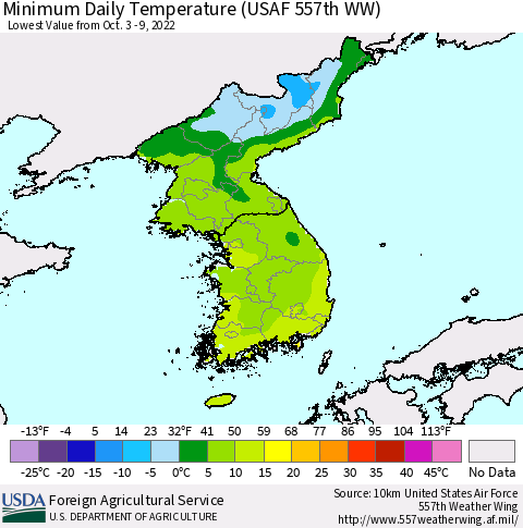 Korea Minimum Daily Temperature (USAF 557th WW) Thematic Map For 10/3/2022 - 10/9/2022