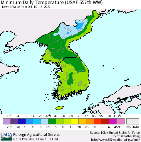 Korea Minimum Daily Temperature (USAF 557th WW) Thematic Map For 10/10/2022 - 10/16/2022