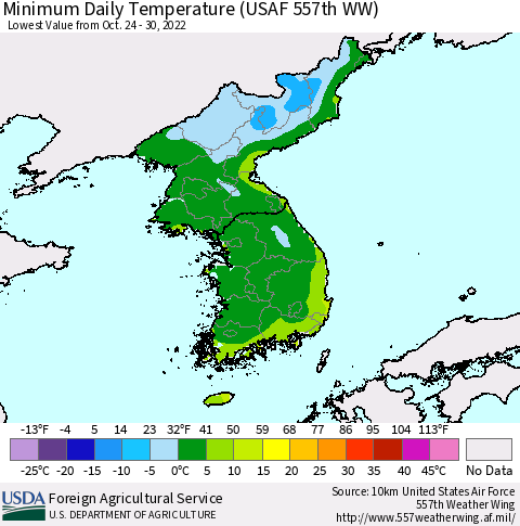 Korea Minimum Daily Temperature (USAF 557th WW) Thematic Map For 10/24/2022 - 10/30/2022