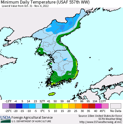 Korea Minimum Daily Temperature (USAF 557th WW) Thematic Map For 10/31/2022 - 11/6/2022