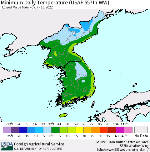 Korea Minimum Daily Temperature (USAF 557th WW) Thematic Map For 11/7/2022 - 11/13/2022