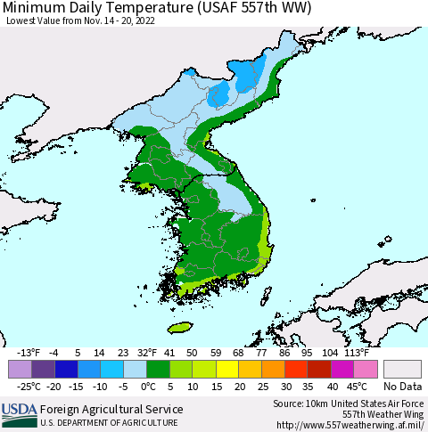 Korea Minimum Daily Temperature (USAF 557th WW) Thematic Map For 11/14/2022 - 11/20/2022