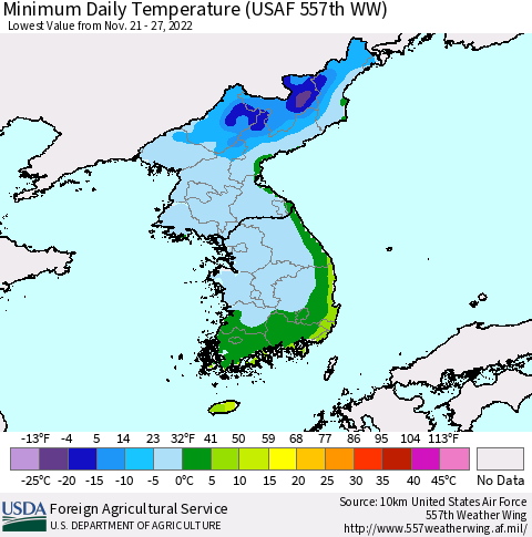 Korea Minimum Daily Temperature (USAF 557th WW) Thematic Map For 11/21/2022 - 11/27/2022
