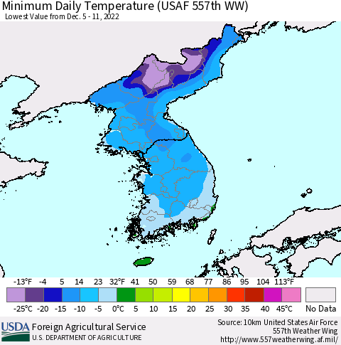 Korea Minimum Daily Temperature (USAF 557th WW) Thematic Map For 12/5/2022 - 12/11/2022