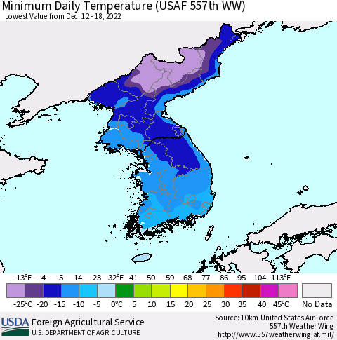 Korea Minimum Daily Temperature (USAF 557th WW) Thematic Map For 12/12/2022 - 12/18/2022