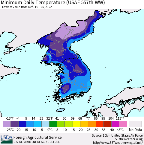 Korea Minimum Daily Temperature (USAF 557th WW) Thematic Map For 12/19/2022 - 12/25/2022