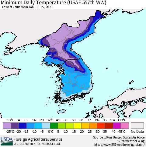Korea Minimum Daily Temperature (USAF 557th WW) Thematic Map For 1/16/2023 - 1/22/2023