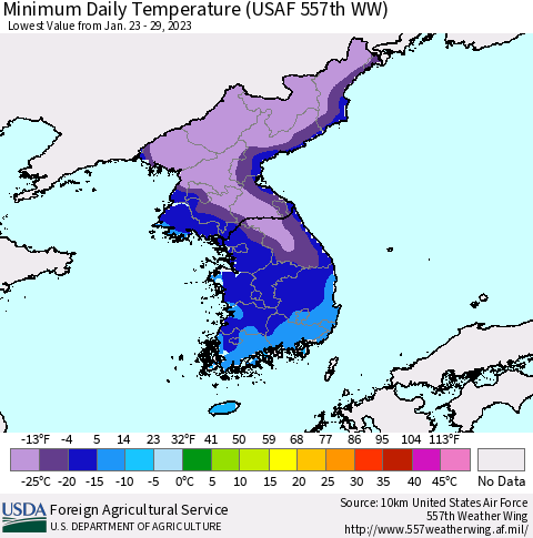 Korea Minimum Daily Temperature (USAF 557th WW) Thematic Map For 1/23/2023 - 1/29/2023