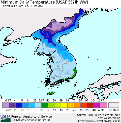 Korea Minimum Daily Temperature (USAF 557th WW) Thematic Map For 2/13/2023 - 2/19/2023