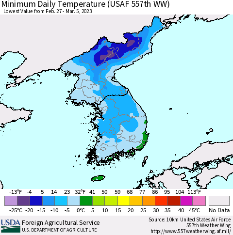 Korea Minimum Daily Temperature (USAF 557th WW) Thematic Map For 2/27/2023 - 3/5/2023