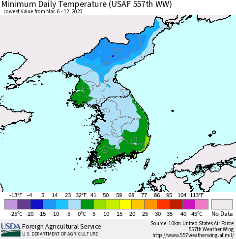 Korea Minimum Daily Temperature (USAF 557th WW) Thematic Map For 3/6/2023 - 3/12/2023