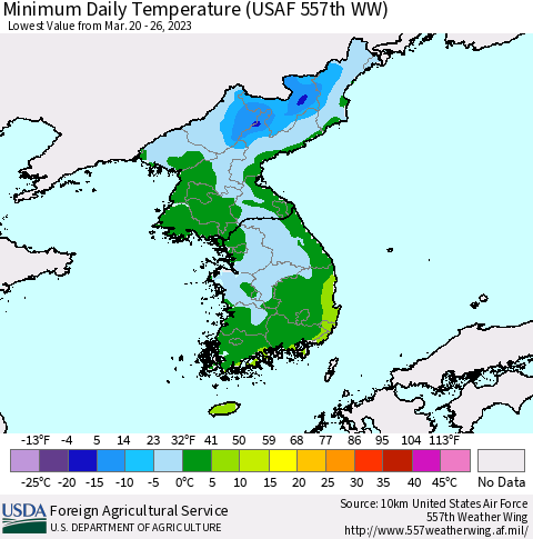 Korea Minimum Daily Temperature (USAF 557th WW) Thematic Map For 3/20/2023 - 3/26/2023