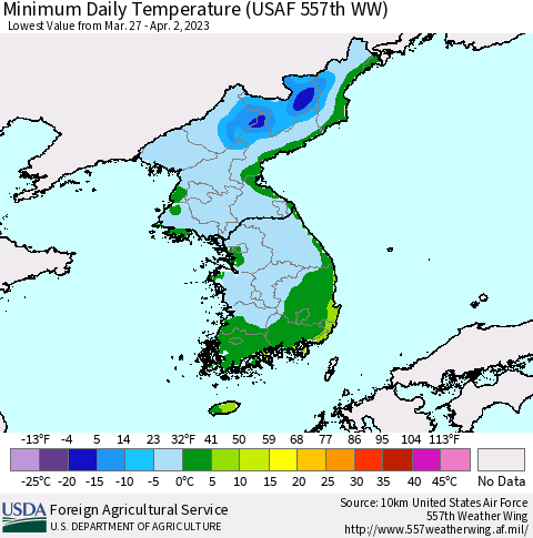 Korea Minimum Daily Temperature (USAF 557th WW) Thematic Map For 3/27/2023 - 4/2/2023