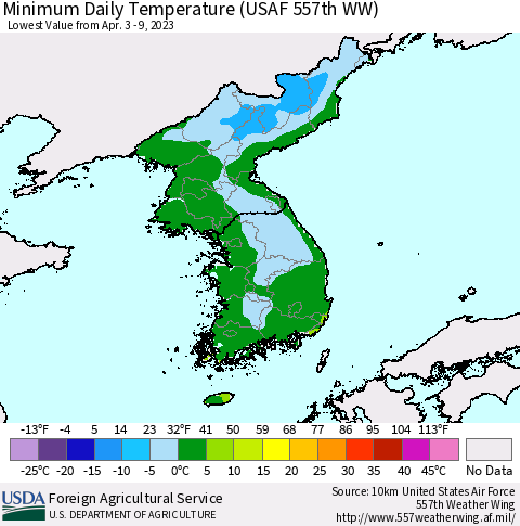 Korea Minimum Daily Temperature (USAF 557th WW) Thematic Map For 4/3/2023 - 4/9/2023