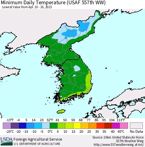 Korea Minimum Daily Temperature (USAF 557th WW) Thematic Map For 4/10/2023 - 4/16/2023