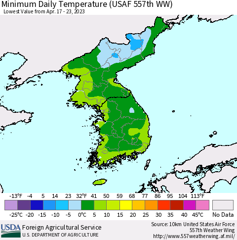 Korea Minimum Daily Temperature (USAF 557th WW) Thematic Map For 4/17/2023 - 4/23/2023