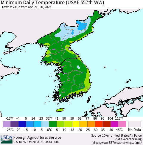 Korea Minimum Daily Temperature (USAF 557th WW) Thematic Map For 4/24/2023 - 4/30/2023