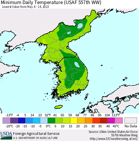 Korea Minimum Daily Temperature (USAF 557th WW) Thematic Map For 5/8/2023 - 5/14/2023