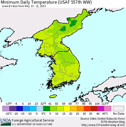 Korea Minimum Daily Temperature (USAF 557th WW) Thematic Map For 5/15/2023 - 5/21/2023