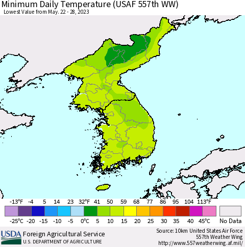 Korea Minimum Daily Temperature (USAF 557th WW) Thematic Map For 5/22/2023 - 5/28/2023