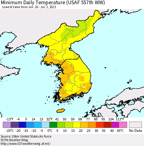 Korea Minimum Daily Temperature (USAF 557th WW) Thematic Map For 6/26/2023 - 7/2/2023