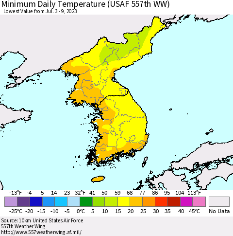 Korea Minimum Daily Temperature (USAF 557th WW) Thematic Map For 7/3/2023 - 7/9/2023