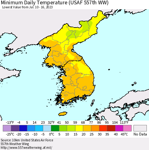 Korea Minimum Daily Temperature (USAF 557th WW) Thematic Map For 7/10/2023 - 7/16/2023