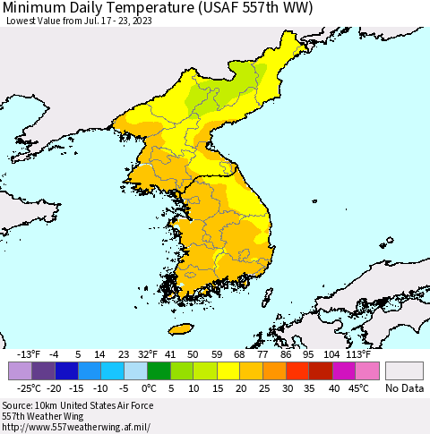 Korea Minimum Daily Temperature (USAF 557th WW) Thematic Map For 7/17/2023 - 7/23/2023