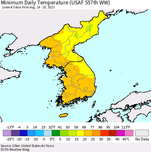 Korea Minimum Daily Temperature (USAF 557th WW) Thematic Map For 8/14/2023 - 8/20/2023