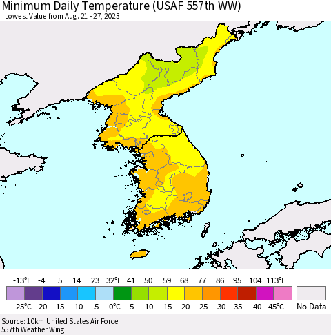 Korea Minimum Daily Temperature (USAF 557th WW) Thematic Map For 8/21/2023 - 8/27/2023