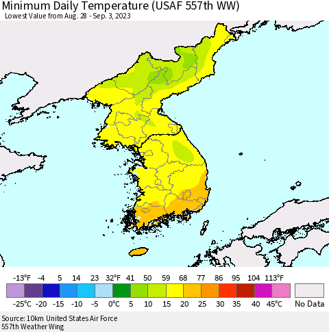 Korea Minimum Daily Temperature (USAF 557th WW) Thematic Map For 8/28/2023 - 9/3/2023