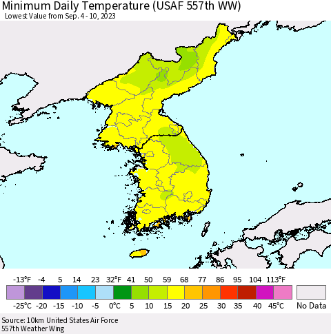 Korea Minimum Daily Temperature (USAF 557th WW) Thematic Map For 9/4/2023 - 9/10/2023