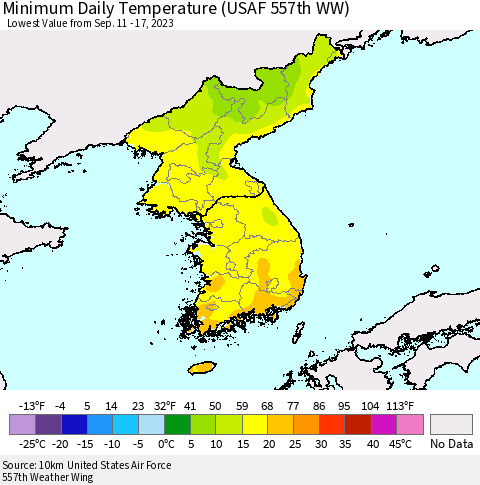 Korea Minimum Daily Temperature (USAF 557th WW) Thematic Map For 9/11/2023 - 9/17/2023