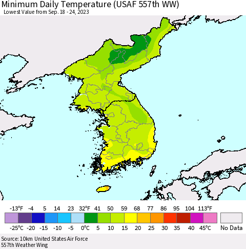Korea Minimum Daily Temperature (USAF 557th WW) Thematic Map For 9/18/2023 - 9/24/2023