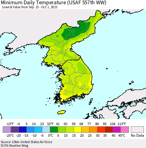 Korea Minimum Daily Temperature (USAF 557th WW) Thematic Map For 9/25/2023 - 10/1/2023