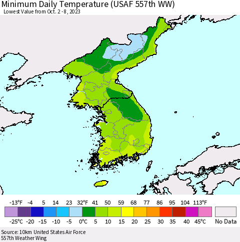 Korea Minimum Daily Temperature (USAF 557th WW) Thematic Map For 10/2/2023 - 10/8/2023