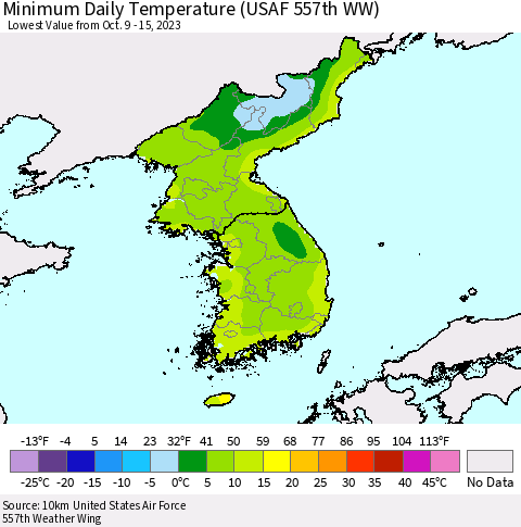 Korea Minimum Daily Temperature (USAF 557th WW) Thematic Map For 10/9/2023 - 10/15/2023