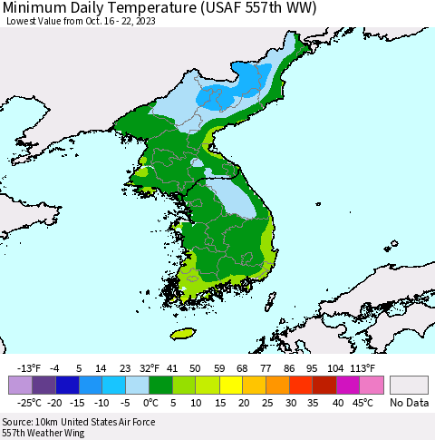 Korea Minimum Daily Temperature (USAF 557th WW) Thematic Map For 10/16/2023 - 10/22/2023