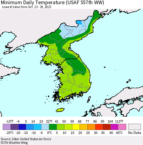 Korea Minimum Daily Temperature (USAF 557th WW) Thematic Map For 10/23/2023 - 10/29/2023