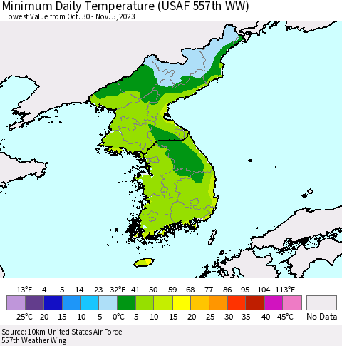 Korea Minimum Daily Temperature (USAF 557th WW) Thematic Map For 10/30/2023 - 11/5/2023