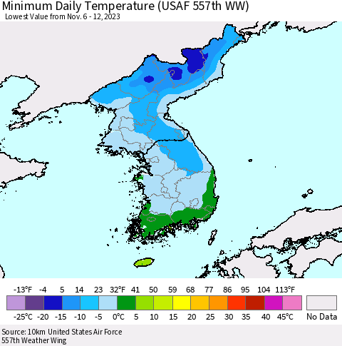 Korea Minimum Daily Temperature (USAF 557th WW) Thematic Map For 11/6/2023 - 11/12/2023