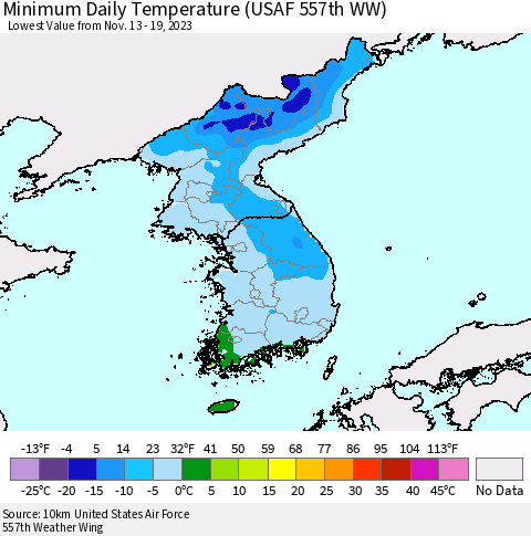 Korea Minimum Daily Temperature (USAF 557th WW) Thematic Map For 11/13/2023 - 11/19/2023