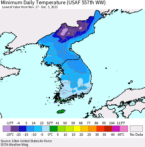 Korea Minimum Daily Temperature (USAF 557th WW) Thematic Map For 11/27/2023 - 12/3/2023
